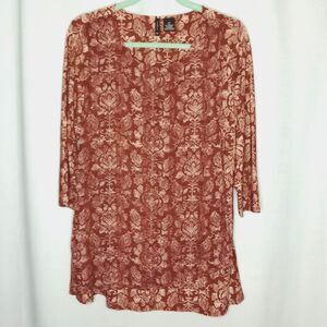⭐ New Directions Tunic Top Blouse Contrast Floral Print Stretch Flowy Relaxed Md